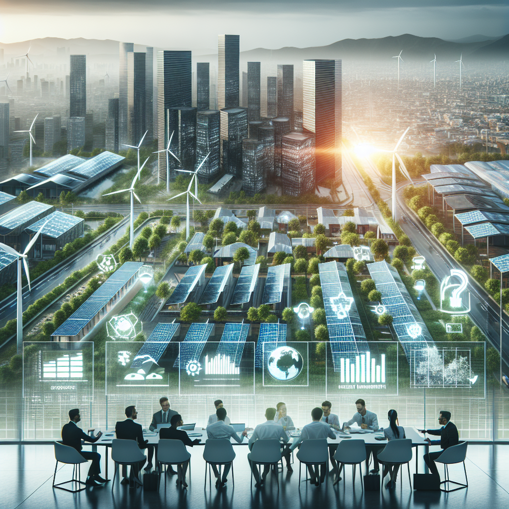 Picture an energy-efficient future city in the daylight where solar panels cover the rooftops of commercial buildings and the homes of a diverse mix of residents. Wind turbines are seen in the distant landscape, powering the city grid. A group of multi-national professionals are discussing around a holographic table filled with charts and data highlighting growth in clean energy investments. Phrases like 'sustainable development', 'climate action' and 'green investments' are intermittently prominent. Also, subtly show the contrast between a green city and a blurred image of a smog-covered city in the background.