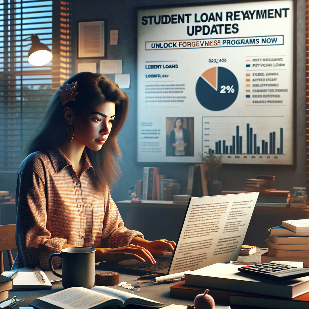 A realistic scene of a young Hispanic woman sitting at her cluttered desk in a homely environment. She is intently gazing at her laptop where the headline 'Student Loan Repayment Updates’ and subtitle 'Unlock Forgiveness Programs Now' is clearly visible. Surrounding her are various items - academic books, notebooks, a calculator, and a hot cup of coffee. The room is illuminated By soft evening sunlight permeating through nearby windows. On one of the walls, a relevant pie chart visualizing student loan statistics is noticeable. The overall mood is hopeful and focused.
