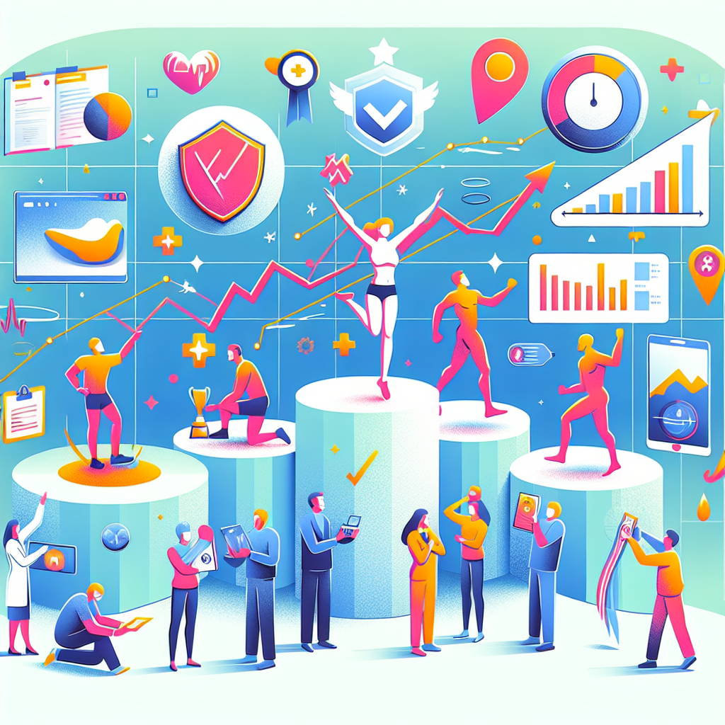 An illustration portraying the concept of health updates and significant events in non-specific individuals' lives. Visualize an abstract scene in the center featuring human-like figures representing public personalities, with one person displaying physical fitness while participating in an athletic activity and another person celebrating a milestone - perhaps walking across a stage receiving an awards. Surround these central elements with medical symbols, progress bars, and common health signs to represent the constant flow of health updates. Let the image have a modern and minimalistic style with bright, engaging colors.