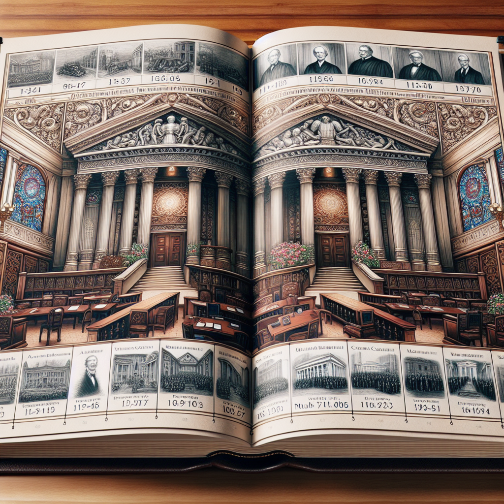 Generate an image depicting a large, intricately designed book on a polished wooden table. The book is open to two pages. One page shows a detailed drawing of a vintage courtroom with detailed gothic architecture and decorative elements typical of US courts. Placed on the other page is an illustrated timeline with dates and miniature images representing significant rulings in US legal history. It's neatly organized and beautifully drawn, providing a visual narrative of landmark Supreme Court decisions.
