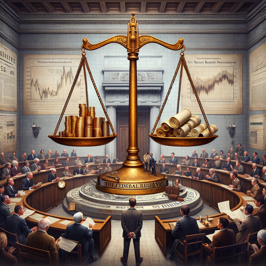 Create an image of a meticulously detailed tableau. It features a large, vintage-style balance scale at its center. On one side of the scale, show stacks of gold coins symbolizing wealth, and on the other side, a rolled parchment representing the Federal Reserve's interest rate decisions. Spectators of diverse descent and gender are observing the scene thoughtfully, some of them taking notes, others deep in discussion. In the background, subtly add elements like graphs and charts displaying fluctuations in interest rates over time, financial newspapers, and glimpses of a stately institution suggesting a central bank. Maintain a professional and serious overtone throughout the image.
