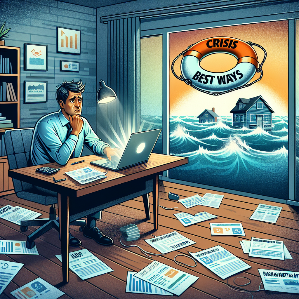 An image illustrating a hectic scene in a home office with an individual, a middle-aged South Asian man, sitting at a desk covered with financial documents and a laptop displaying mortgage rates. He appears anxious and stressed. Suddenly, a life preserver labeled 'Best Ways' comes flying towards him from the horizon of the open window, symbolizing help and solutions to navigate rising mortgage rates. The background shows a stormy sea representing the crisis, but the horizon is peaceful and calm, indicating that the crisis has been averted. A headline text with a gradient effect reads 'Crisis Averted: Best Ways to Navigate Rising Mortgage Rates', completing the concept.