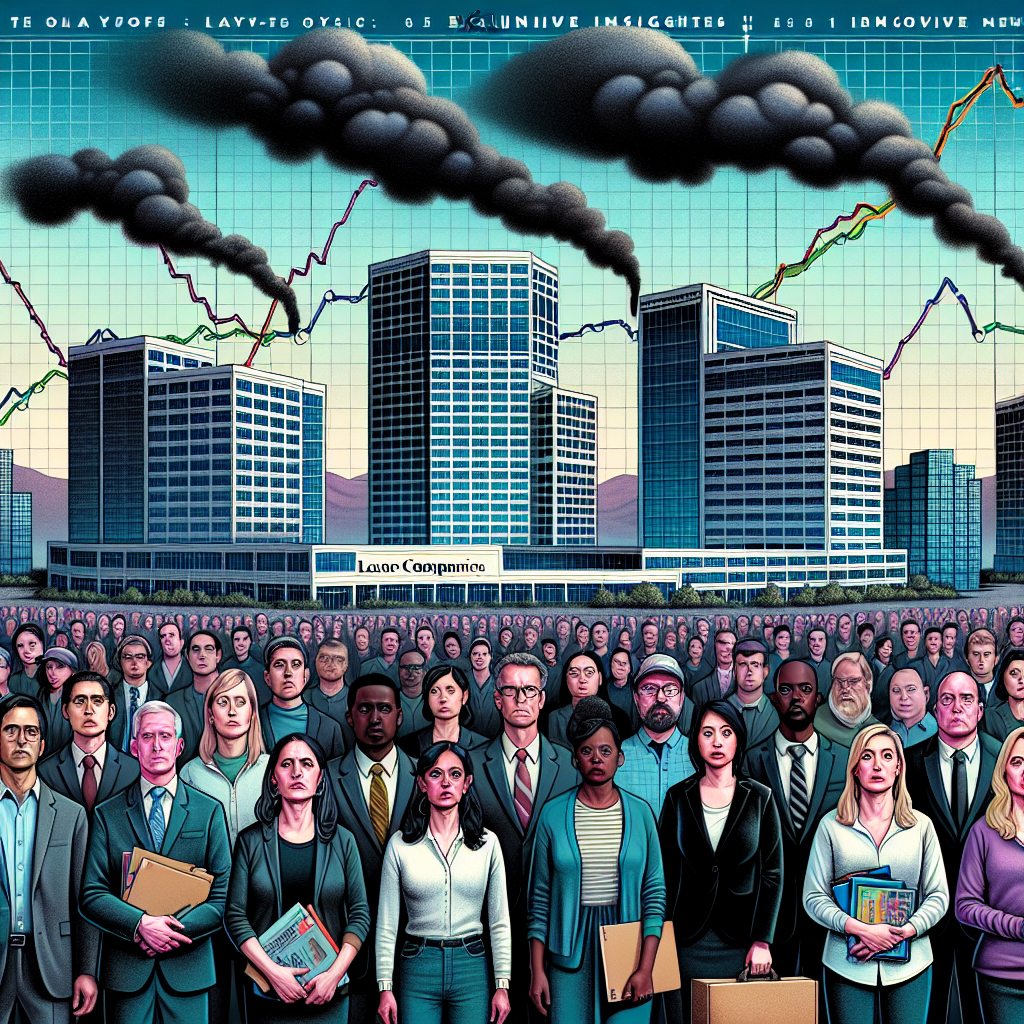 A detailed illustration of multiple corporate buildings, identifiable as headquarters of major tech companies in the United States. On top, dark clouds are gathering, symbolizing economic upheaval. In the front, a diverse group of employees representing different genders and descents like Caucasian, Hispanic, Black, Middle-Eastern, South Asian are standing with their belongings. Their faces show a mix of emotions including concern, disbelief, and resilience. In the background, charts showing declining financial numbers are vaguely visible. A bold title 'Tech Layoffs: Exclusive Insights' is floating in the sky.