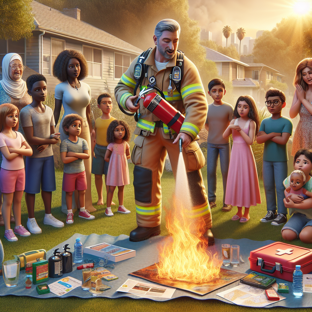 Imagine a detailed scene representing wildfire emergency preparedness during an extreme heatwave. A middle-aged Caucasian man in firefighting gear is demonstrating the use of a fire extinguisher on a simulated fire, surrounded by eager children and adults of different genders and descents, including a Black woman, a Hispanic male teenager, a Middle-Eastern elderly man and a South Asian girl. The backdrop is a sunny suburban park, with solar flares emphasising the heatwave. Nearby, a table spread with emergency supplies such as water bottles, first aid kits, maps, and a list of contact numbers, serves as an education station.