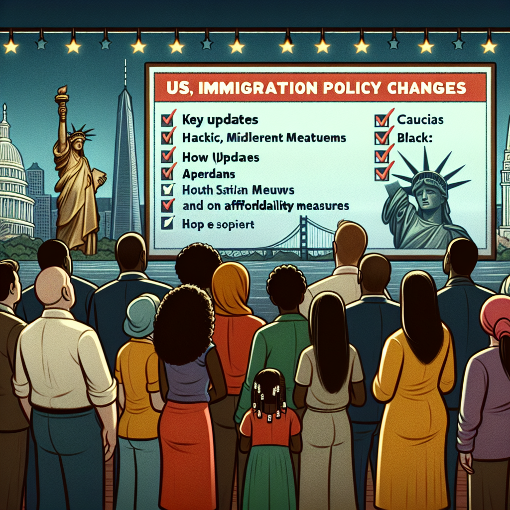 An illustration portraying the theme of US immigration policy changes. The scene could include a diverse group of people representing multiple descents such as Caucasian, Hispanic, Black, Middle-Eastern, and South Asian looking at a display board showing key updates and affordability measures. The scene should not feature any specific political figures. In the background, show iconic symbols of the US, such as the Statue of Liberty and a city skyline, representing hope and prosperity. The tone should be positive and hopeful, reflecting the idea of the USA as a welcoming land of opportunity.