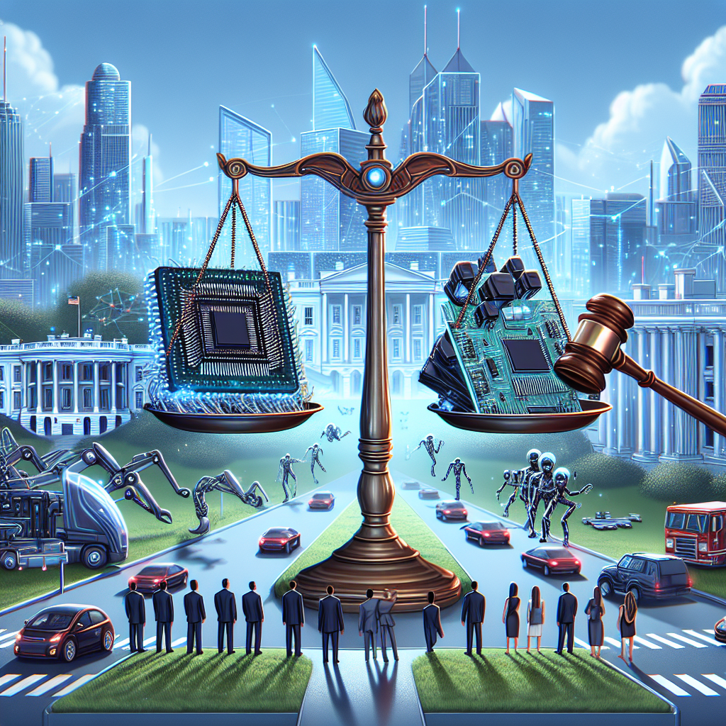 Illustrate a concept of AI regulation. Picture a future city landscape populated with advanced technologies such as autonomous vehicles and AI-operated machines. Place the White House in the background, signifying its role in policy-making. In the foreground, depict a balanced scale representing regulation, with microchips and robotic elements on one side, and legal gavel and documents on the other. Add diverse individuals observing the scale, symbolising public scrutiny. Ensure the overall ambiance is futuristic yet orderly.