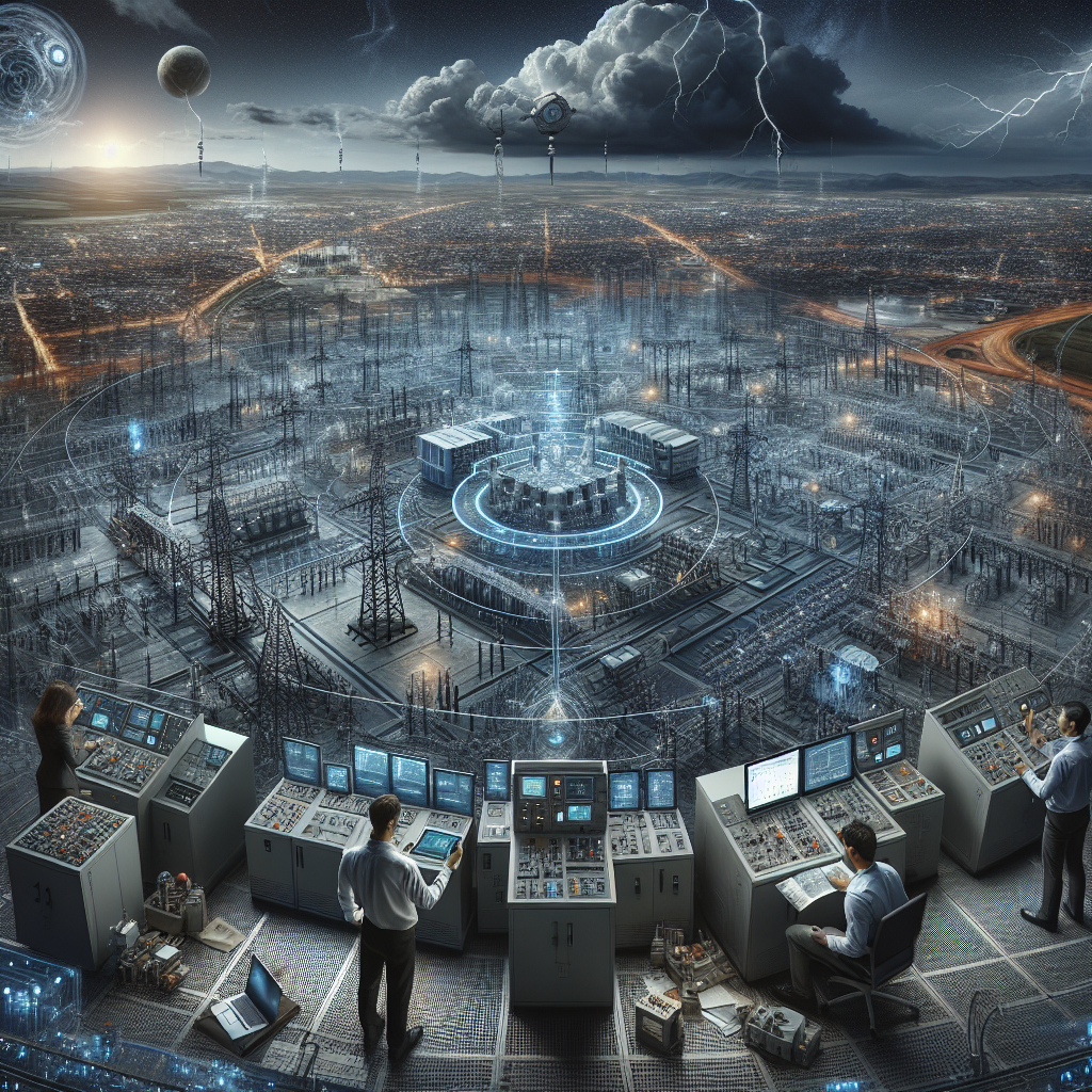 An intense, detailed visualization of a sprawling power supply network, with a decision center at the heart, interconnected substations with the cityscapes, and powerlines stretching across vast landscapes. In the foreground, we see a group of engineers of various descents such as Hispanic female, Black male, and Middle-Eastern female, handling complex diagnostic tools, working rigorously at terminals and fixing an infrastructure to prevent a blackout. As a backdrop, dark stormy clouds loom, hinting at impending disruption. All give the impression of the crucial task of maintaining the nation's power grid and showing the need for continuous monitoring for potential failures and disruptions.