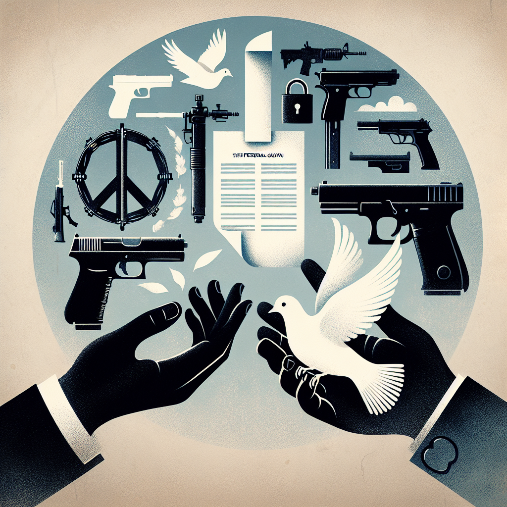 An allegorical representation of the discussion about Federal Gun Control Legislation. A pair of hands in debate, one releasing a dove symbolizing peace, and the other holding a stylized document standing for the legislation, with symbolic imagery of gun control, such as locked firearm cases, gun safes, and firearms with safety locks around it. Use neutral and calming colors to represent the desire for peace and safety, while maintaining the seriousness of the topic through darker shades in the background.