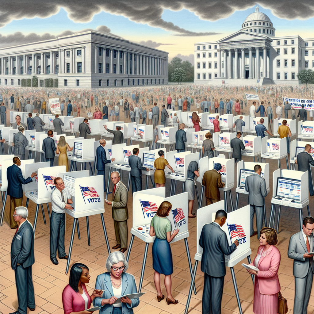 An accurate, high-quality illustration depicting a significant shift in U.S. voting laws. The scenario is set against the backdrop of a bustling city indicating a hectic pre-election atmosphere. There are numerous people representing different races and genders, ranging from young adults to seniors, distributed throughout the foreground. They're interacting with updated voting machines, studying new election posters detailing the changes in the law and discussing among themselves. In the background, courthouses and government buildings stand tall. Please maintain a balanced, unbiased perspective.