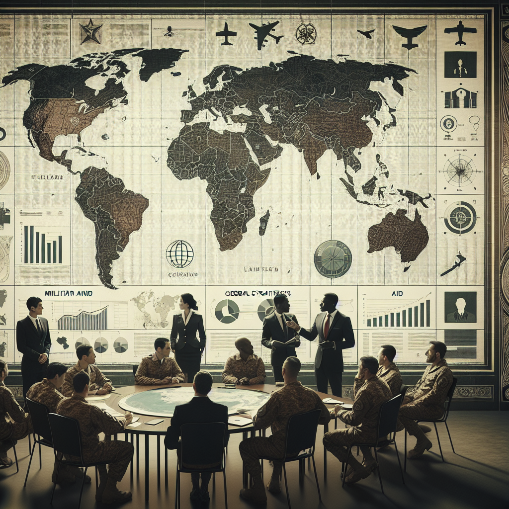 Visualize a thoughtfully structured scene depicting an interactive map of the globe prominently marked with military icons to signify US aid locations. Alongside, a military strategy planning room with walls adorned by global maps and infographics showcasing detailed analytics. Capture the serious ambience with uniformed individuals of diverse descents, such as Caucasian, Black, Hispanic, and South Asian, both male and female, engaged in discussions and strategic planning. Keep the atmosphere realistic, taking inspiration from historical illustrations and engravings of military strategy sessions. Use sober colors to uphold the gravity of the scenario.