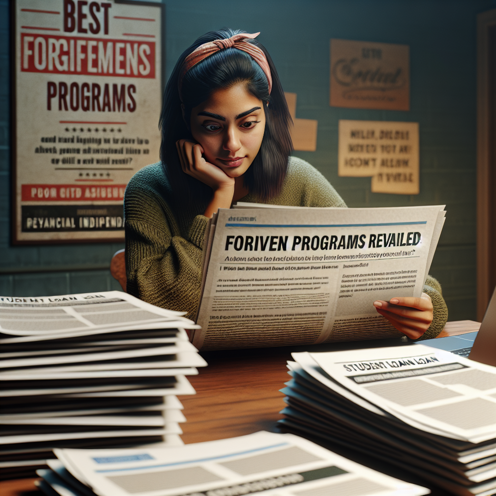 A detailed scene of a young South Asian woman sitting at a wooden table, immersed in studying a stack of multiple documents labeled 'student loan'. A silver laptop with an article headline 'Best Forgiveness Programs Revealed' is open on the table. An expression of hope is shown as she discovers new details about repayment updates. In the background is a wall with an encouraging poster about financial independence, the ambient light of the room giving a warm feeling.