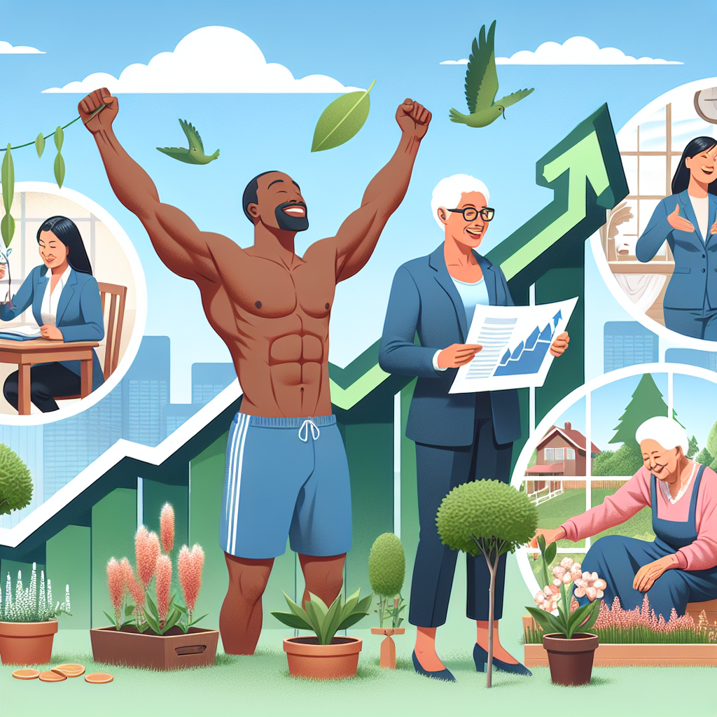 An illustrative image showcasing a variety of milestones in a person's life such as significant health improvements, accomplishments in personal growth or business, and important life events. The scene includes a fit, middle-aged South Asian man celebrating a fitness milestone, a young Black female entrepreneur excitedly reviewing a successful business report, and an elderly white woman happily engaged in creating a beautiful garden that represents her personal growth. No specific celebrities or real people are referenced.