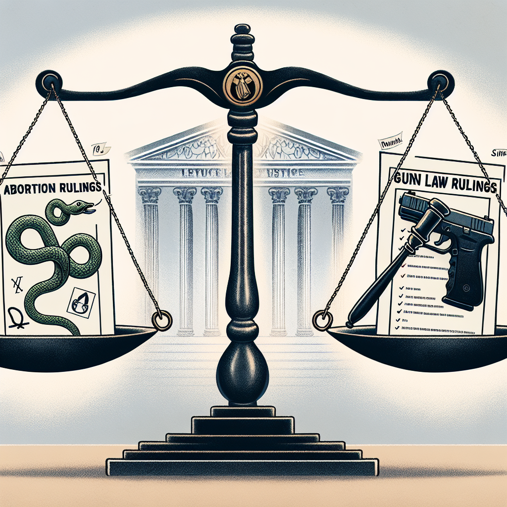 An illustration showing a balance scale. On one side, the scale holds a summary document labeled 'Abortion Rulings', visually represented through a medical symbol of a snake coiled around a staff. On the other side, it holds a similar document labeled 'Gun Law Rulings', symbolized by a gavel. In the background, there's the faint, translucent image of a court building signifying justice. This image represents a comparison and an analysis of the two major policies: Abortion and Gun Law.