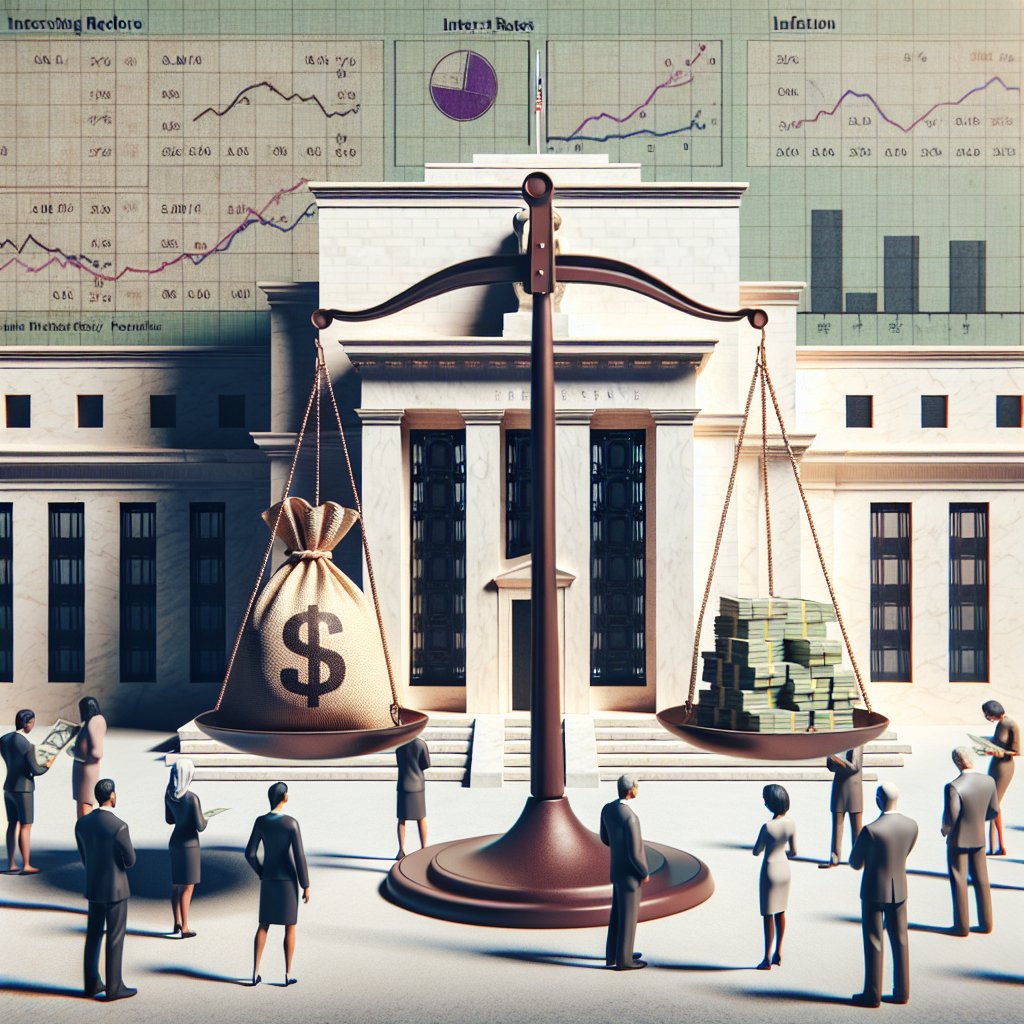 Image of an enormous physical representation of the Federal Reserve building in the background with a giant scale balancing a bag of money and a percentage symbol in the foreground. The walls of the Reserve building are decorated with charts showcasing interest rates and inflation statistics. Several people of different descents like Caucasian, Black, and Middle-Eastern, of both genders, are examining the scales and discussing amongst themselves.