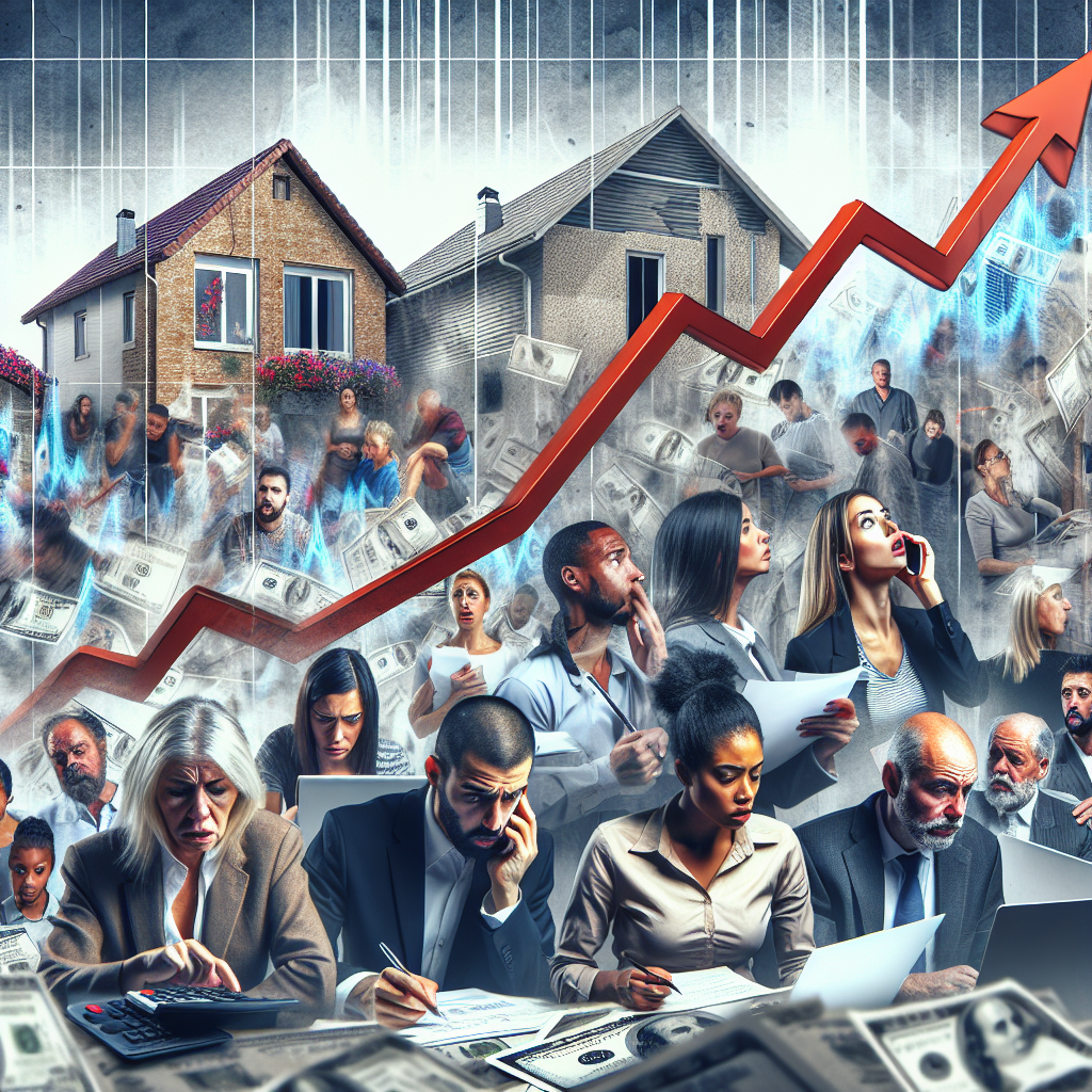 Visual representation of a graph sharply ascending, symbolizing the surge in mortgage rates. The background should be a hectic scene encapsulating the housing crisis, with imagery of people looking at properties for sale, some appearing anxious or distressed while others calculating finances on paper and digital devices. Please include a diverse mix of people of different descents such as Caucasian, Hispanic, Black, Middle-Eastern, or South Asian, portraying both men and women, to represent the wide range of people impacted by the housing crisis.