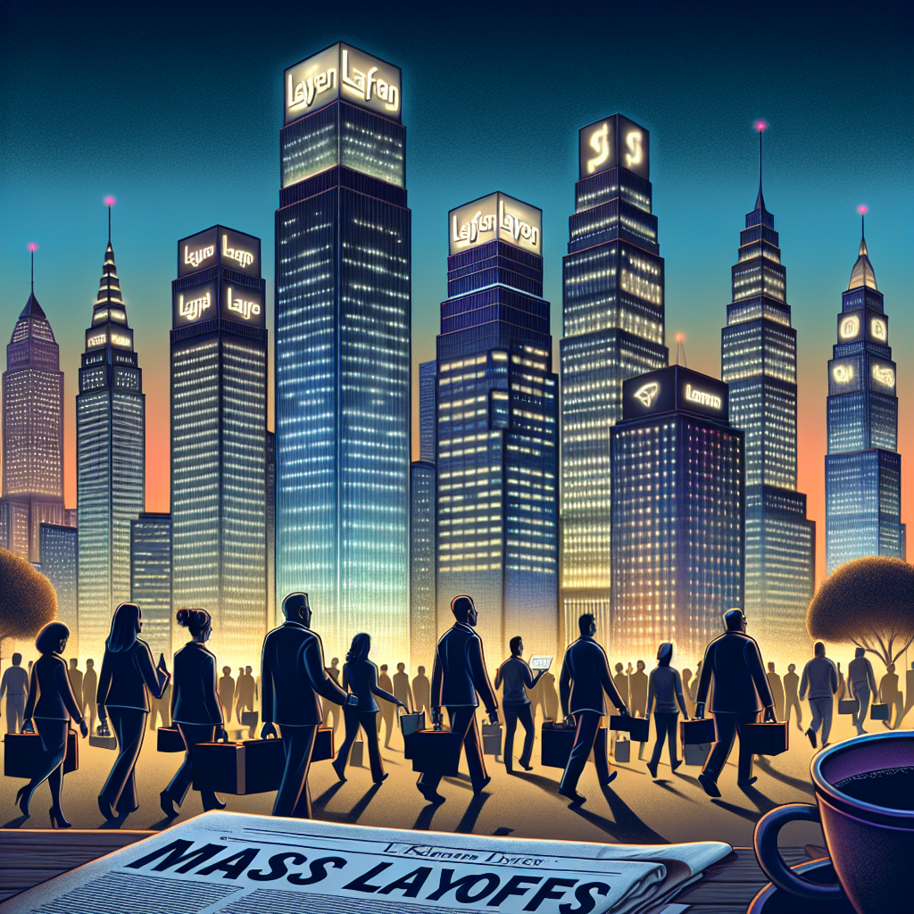 Illustrate this scene: The cityscape at dusk with tall, modern, and majestic buildings symbolizing tech giants. Each building is decorated with illuminated logos of imaginary tech companies. They cast long shadows on a bustling crowd below where a group of diverse and professional individuals, not specific to any race or gender, are seen carrying boxes of belongings, walking away as if just laid off. In the foreground, a half-empty cup of coffee on a newspaper headline that reads 'Mass Layoffs.'