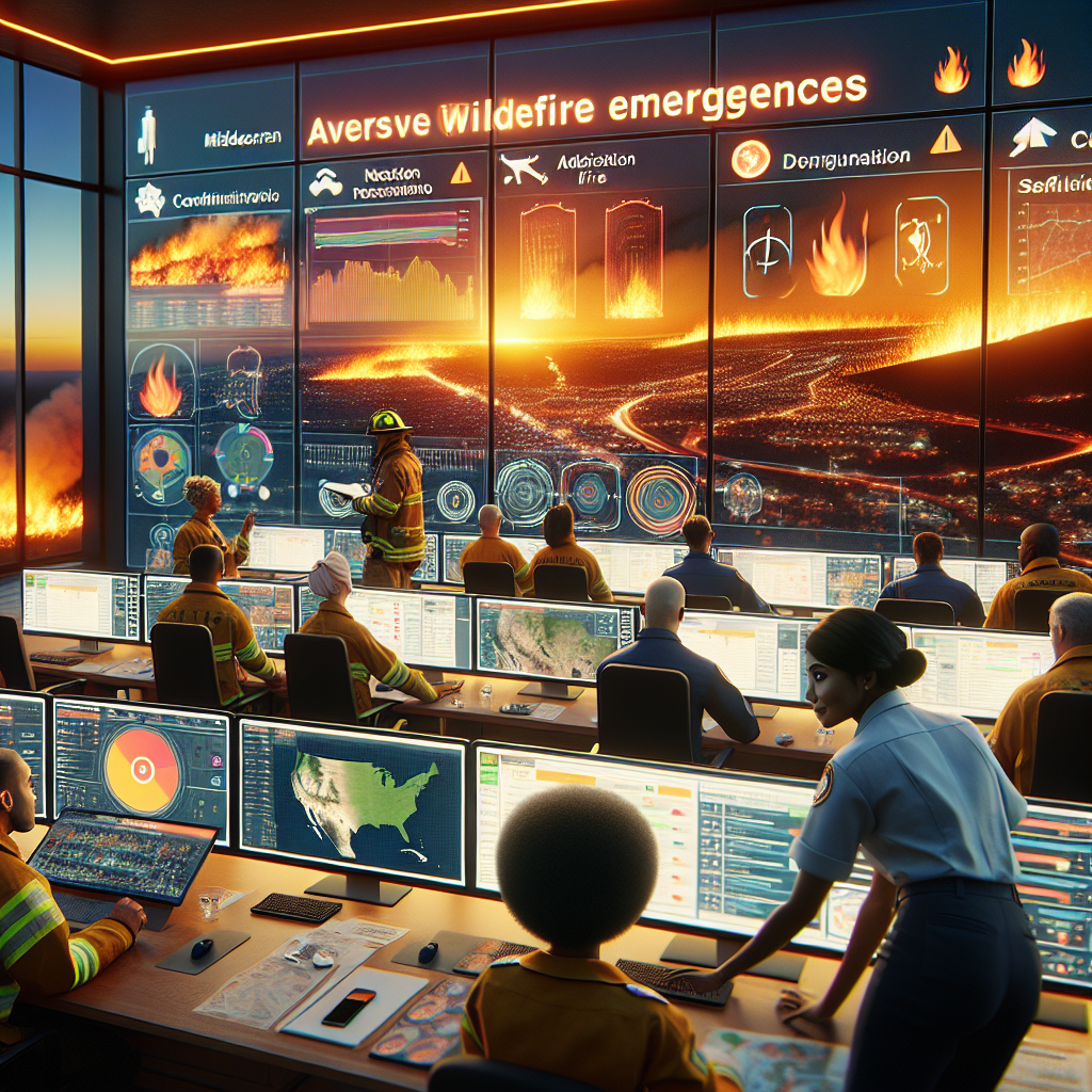 Generate an image of a bustling command center filled with diverse personnel dedicated to wildfire emergencies. Envision a Middle-Eastern female lead coordinating operations on a large interactive map showing active fires. A Caucasian male firefighter reviews safety equipment, while a black female meteorologist provides updates on the extreme heatwave. Infographics displaying safety tips and precautionary measures against wildfires adorn the walls. Outside a large window, the bright orange glow of a distant wildfire lights up the horizon, merging with the setting sun.
