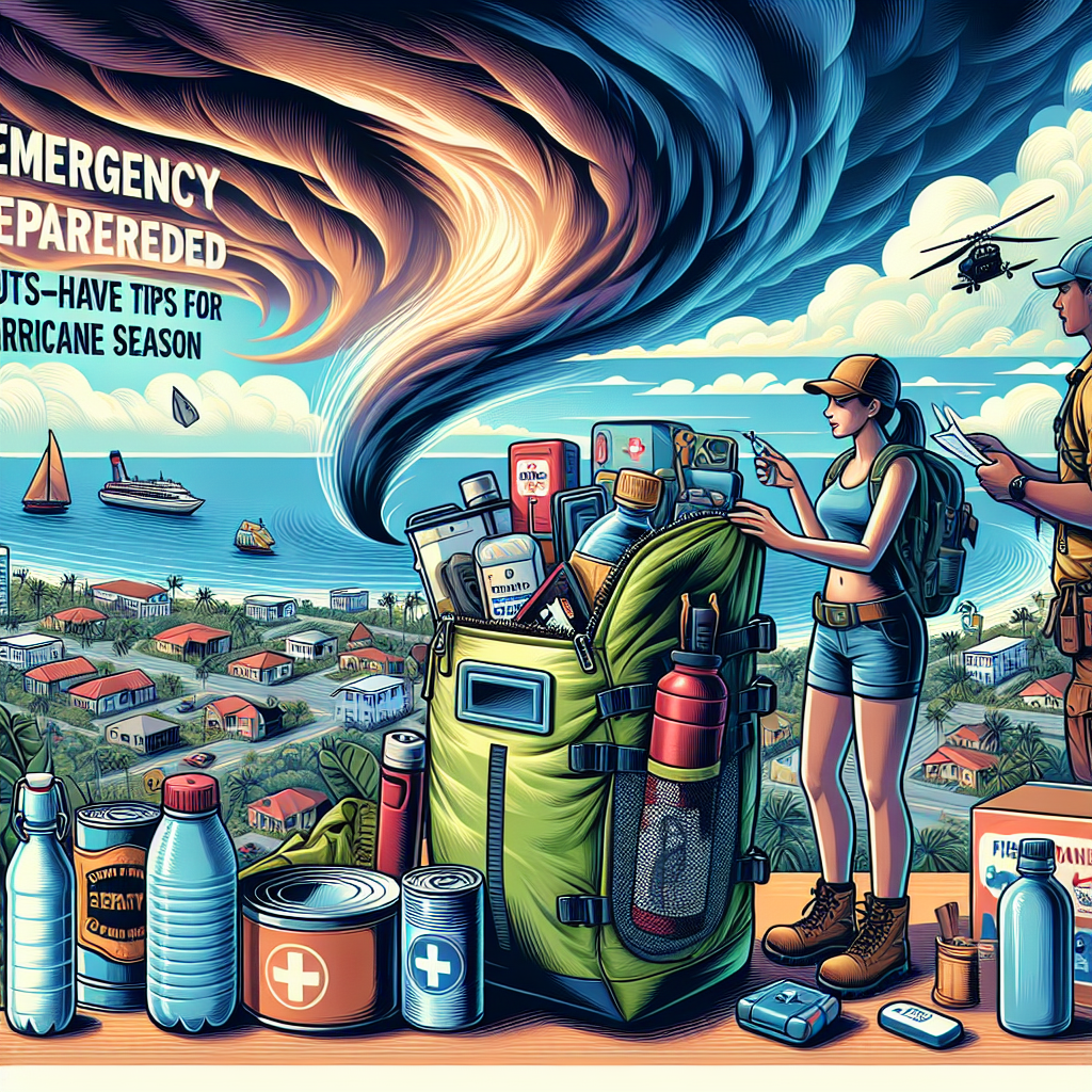 Visualize a vivid and informative poster centered on the theme of emergency preparedness for hurricane season. In the foreground, illustrate a waterproof bag filled with essential items like a flashlight, bottles of water, canned food, and a first-aid kit. Add a portable radio and spare batteries next to the bag. Show a Caucasian female and a Hispanic male, both dressed in outdoor gear, discussing the importance of these items. Coming from the horizon is a symbol of a hurricane swirling towards a small coastal town. Include the title 'Emergency Preparedness: Must-Have Tips for Hurricane Season' at the top of the poster in bold letters.