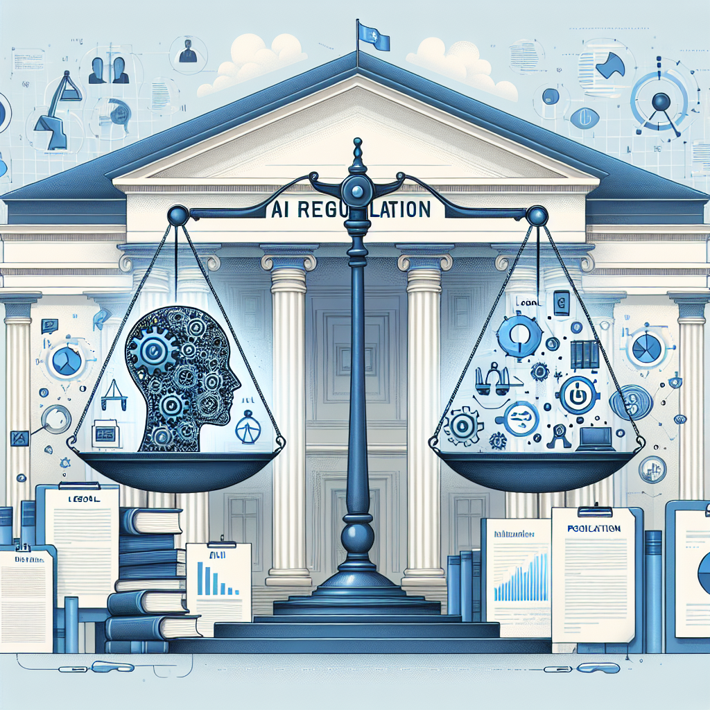 Depict a conceptual illustration representing AI regulation. Show a balanced scale with AI icons (like gears or robotic heads) on one side, and legal documents on the other side, symbolizing regulation balance. Include a building known for policymaking in the background, without directly referencing a specific governmental building. Around the scene, chart and graph icons, symbolizing future trends of AI regulation, are floating. The illustration presents a narrative on the vital roles of best practices in ruling AI and the potential future trends in the industry.