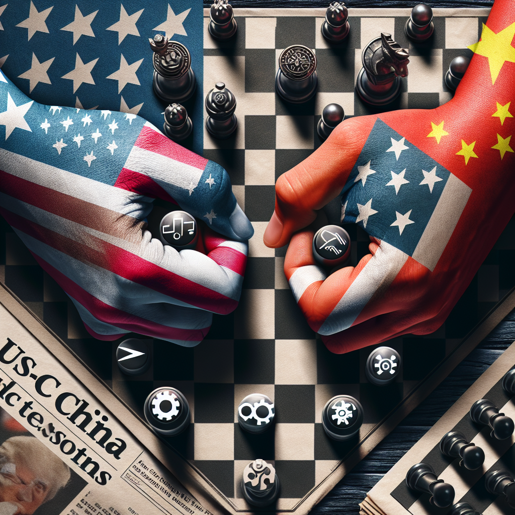 Image of a pair of hands, one wrapped in the American flag and another in the Chinese flag, symbolizing the disputes between these nations. The hands are locked in a game of chess, with chess pieces representing tech symbols such as gears, cloud, and lightning symbols, representing the ongoing debate about the TikTok ban. Beside the chessboard, a newspaper headline reads 'US-China Tech Tensions'. The atmosphere in the image is tense, reflecting the strategic nature of the debate.