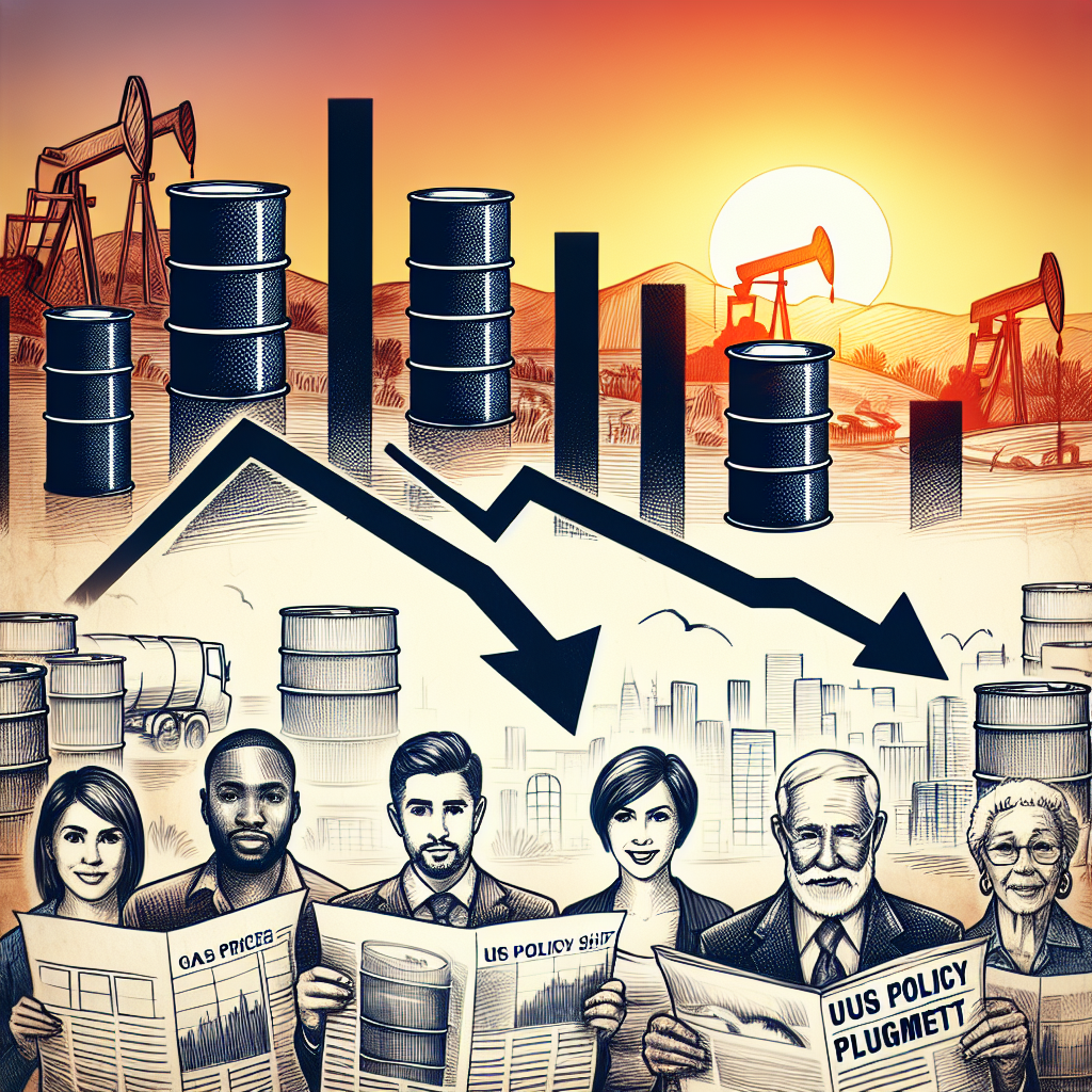 Visualize a series of iconic oil and gas industry images reflecting a downward trend. To represent 'Gas Prices Plummet', sketch barrels of oil with progressively downward pointing arrows. Then, show a diverse group of American citizens (a Black woman, a Hispanic man, and a Caucasian elderly person), looking hopeful and energized, displaying a newspaper headline 'US Policy Shift'. Give attention to the sunset in the background, symbolizing change and a new era. The setting is an urban landscape with the silhouette of oil wells in the distance.
