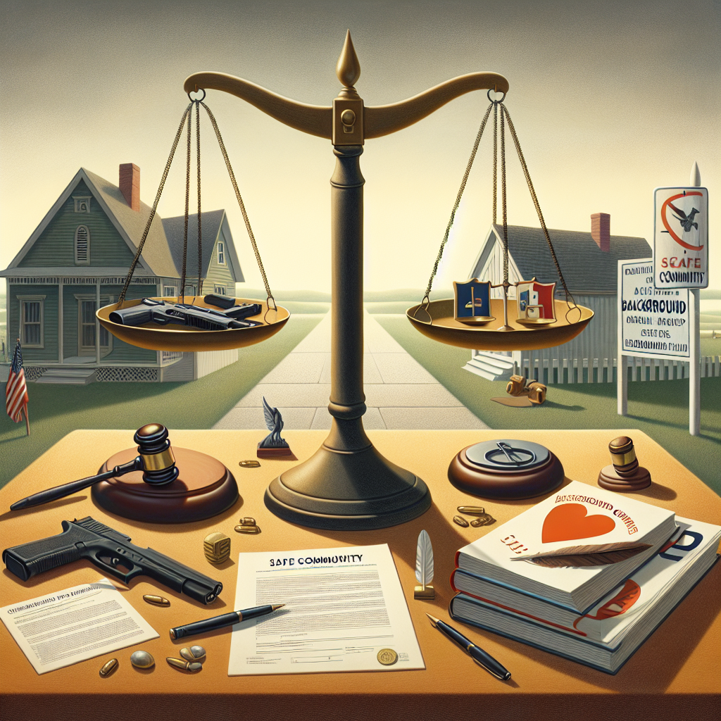 Visualize a conceptual image symbolizing the essence of gun control legislation. The scene includes a large scale that's balanced evenly, with one side holding a representation of responsible gun ownership (a securely locked gun safe, safety training manuals, background check forms) and the other side holding symbols of public safety (a peace symbol, a shield depicting protection, a sign post with 'Safe Community' written on it). A quill pen, legal documents and a small gavel are placed nearby, symbolizing legislation. The background is quiet and serene, possibly a peaceful town's landscape underneath a clear, placid sky.