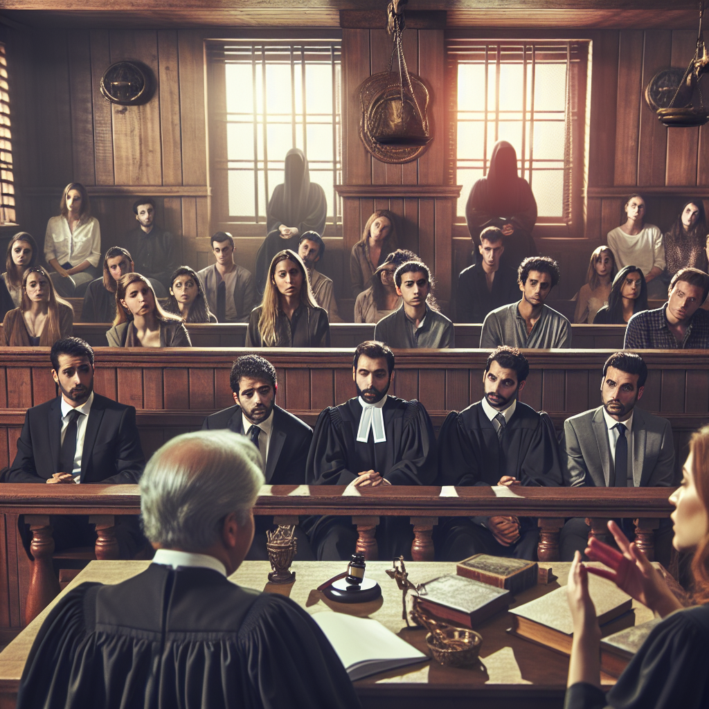 An old-style courtroom setting with wooden furnishings. There is a judge of Middle-Eastern descent in black robes at the elevated bench, candidly listening to the closing arguments. The defense attorney, who is a Caucasian woman, pleads with conviction in front of a mixed-raced jury. The prosecution, handled by a South-Asian male, sits in anticipation along with a crowd of spectators from various backgrounds. At the center, a tension-filled ambiance hangs in non-descript place of a high-profile defendant.