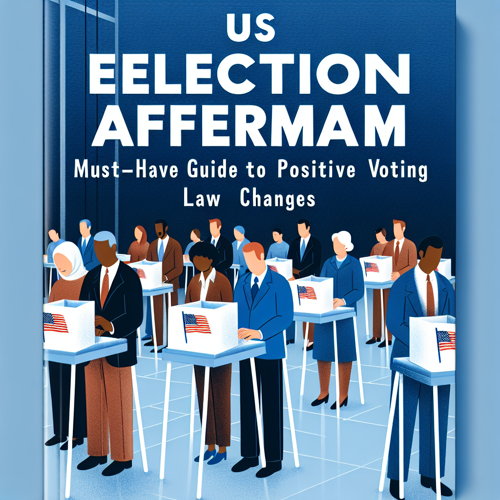 Visualize a guide book cover about positive changes in voting laws after a US election. The cover should depict a diverse group of voters from various descents including Caucasian, Black, Hispanic, Middle Eastern, and South Asian casting their ballots in a calm and orderly manner. The setting is a modern, well-lit polling station. The title, 'US Election Aftermath: Must-Have Guide to Positive Voting Law Changes', should be prominently displayed on the book cover. The font should be bold and easily readable, and the color scheme should be in shades of blue, symbolizing trust, confidence, and stability.