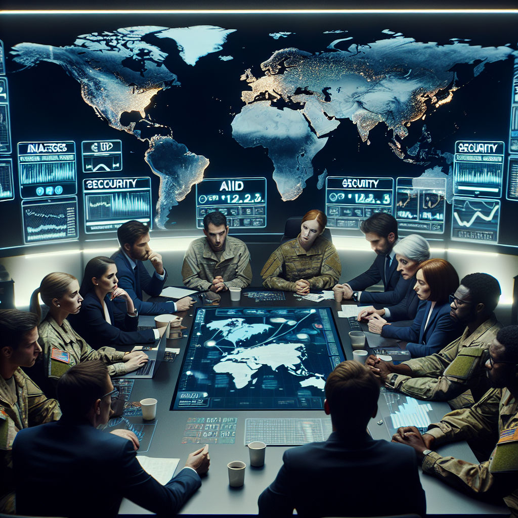 A tension-filled situation room filled with individuals of various occupations like strategists, analysts, and military personnel. They all intently gaze at a large digital world map highlighting several countries. Displayed on the map are metrics pertaining to aid, security, and global influence. Features two female and three male figures at the table. Two individuals are Caucasian, one is Hispanic, one is Black, and one is South Asian. Show the sensation of crucial decisions being made.