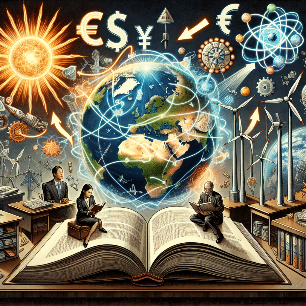 A detailed illustration presenting global map entwined with powerful rays of sun, strong gusts of wind, and the inner workings of an atom (representing nuclear energy). The symbols for Euro, Dollar, and Yen are connected with arrows signifying investment pouring into these symbols of clean energy. In the background, a massive book labelled 'Climate Change Legislation' is propped open, with two anonym figures, an Asian female politician and a Caucasian male economist, studying it intensely. They're surrounded by diverse symbols of clean energy, such as solar panels, wind turbines, and nuclear power plants. They are chalking out strategies, suggested by diagrams and charts hovering above them.