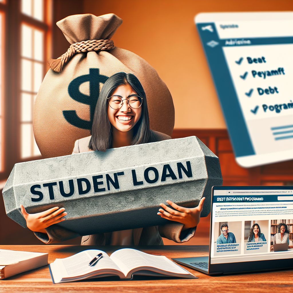 Picture this - a heartening image representing Student Loan Forgiveness. A relieved young adult - a South Asian woman with glasses - sits at a wooden desk, a large weight labeled 'Student Loan' has just been lifted from her shoulders, denoting the relief of debt cancellation. In front of her is an advisory pamphlet titled 'Best Repayment Programs', opened to expose a list of beneficial programs. Additionally, a laptop next to her displays a welcome screen of an online portal dedicated to Student Loan Forgiveness Updates. The background is warm and inviting.