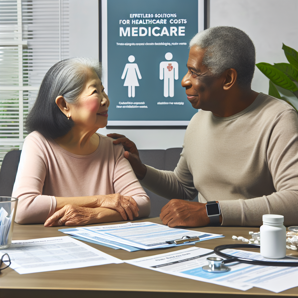 An elderly Asian woman and a middle-aged Black man are engaged in a conversation in a clinic environment. You can see medical reports and brochures about Medicare spread out on a table between them. On the wall behind them, there's a poster depicting the new changes in Medicare. The feeling in the room is of reassurance and understanding, reflecting the theme of 'effortless solutions for healthcare costs'. Everything in the image should represent transparency, trust, and easy access to healthcare. An element of positive change should be conveyed, emphasizing the effortless solutions to healthcare costs.