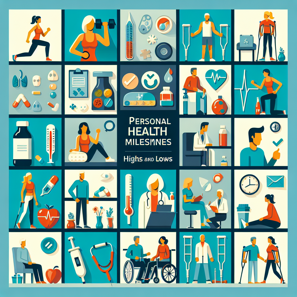 An informative collage showcasing various health-related milestones. Include visuals representing positive and negative aspects of health journey including icons of dumbbells and healthy food to symbolize good health, and crutches, thermometers, or medicine bottles to indicate health struggles. Feature people of various descents and genders exercising, going to medical appointments, or looking visibly ill or healthy. The title 'Personal Health Milestones: Highs and Lows' should be prominently displayed at the top.