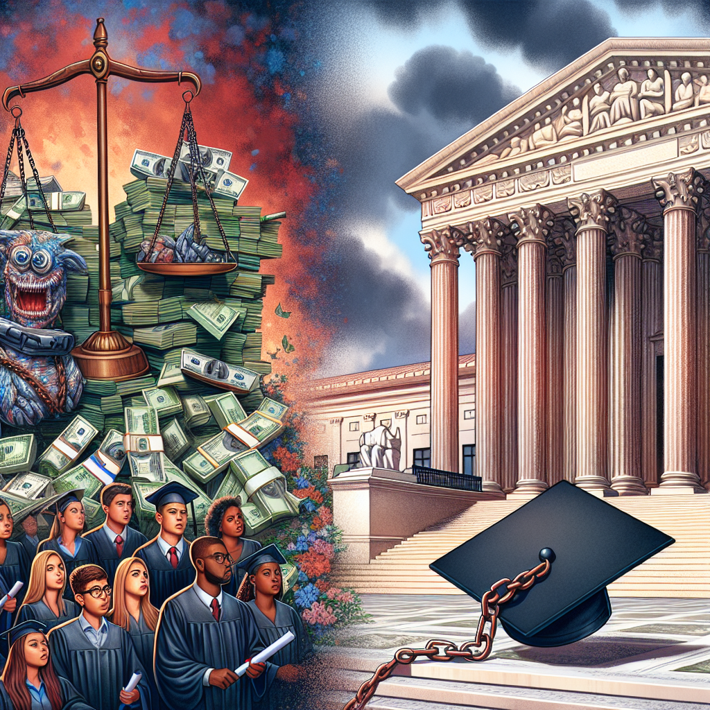 An image depicting intricate facets of student loans: tall stacks of dollar bills symbolizing high costs, a group of diverse college students looking worried, a graduation cap thrown up in the air with a heavy chain attached to it representing the burden of debt, alongside the Supreme Court building in the background. A large balanced scale draped in the American flag in the foreground tips slightly, expressing changes in rulings. Please add some subtly written text reading 'Impact of Student Loan: Unveiling the Supreme Court Ruling'.