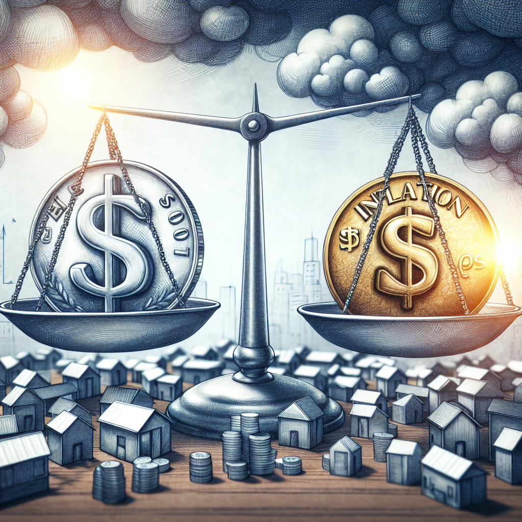 Create an image of a balance scale. On one side of the scale, place a sketch of finer details of a silver coin with the symbol '$' engraved on it to represents the interest rates decision. On the other side of the scale, place a similar golden coin but with the word 'INFLATION' carved on it, illustrating inflation management. These coins would be surrounded by a pile of miniature houses and factories highlighting the effect of this balance on real estate and business. The background should show a cloud-stuffed sky suggesting uncertainty.
