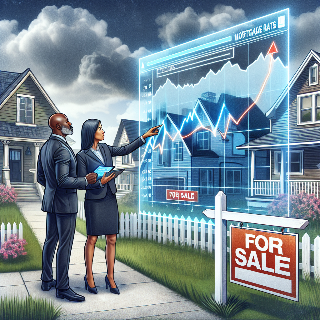 An illustrative image representing a US housing market crisis with a focus on rising mortgage rates. The scene captures an American suburban neighborhood with 'For Sale' signs planted on the front lawns of middle-class houses. To depict the crisis, the sky is cloudy to symbolize uncertain times. In the foreground, a mature Black man and a young Hispanic woman, both dressed in formal business attire, are strategizing: they are examining a chart displaying rising mortgage rates on a transparent touchscreen device they're both handling. The image should convey anxiety, urgency, but also strategic planning and collaboration.