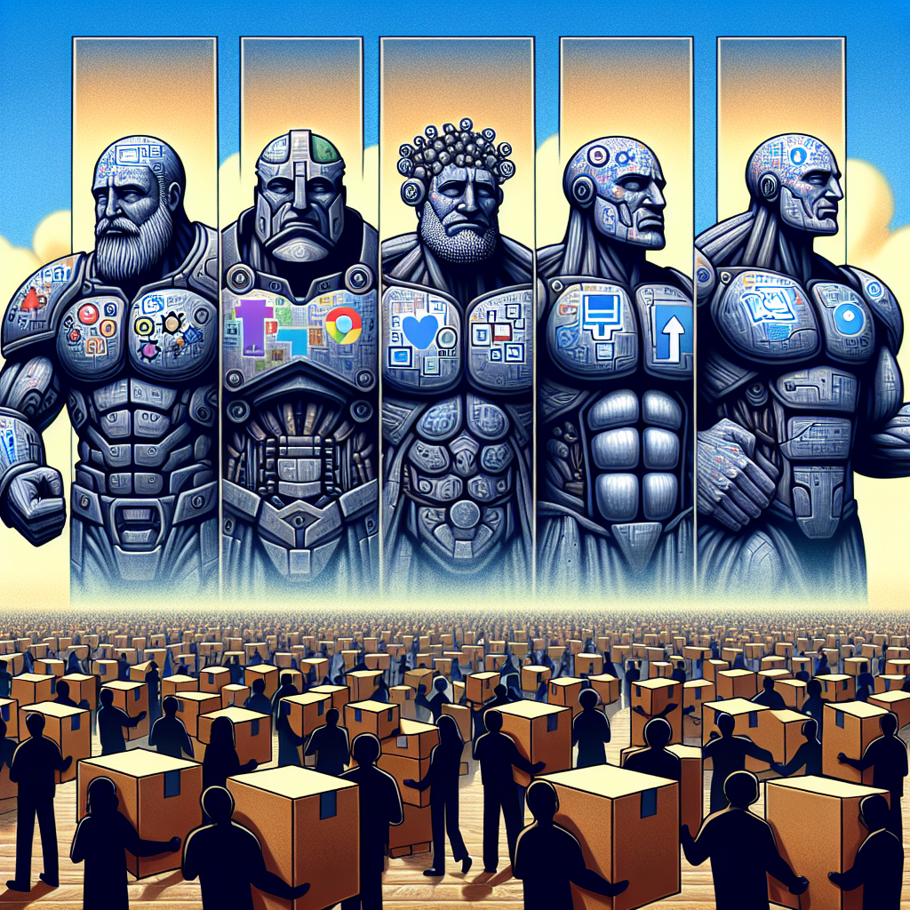A visual metaphor representing the concept of large technology companies facing significant challenges, symbolised by four mighty titans (not related to any real companies or logos) showing expressions of difficulty and stress. Each titan is encased in modern armor, depicting different aspects of technology like search algorithms, e-commerce, social networking, and electric vehicles respectively. And in the background, they are surrounded by a sea of anonymous individuals, carrying their belongings in cardboard boxes, depicting the idea of layoffs.
