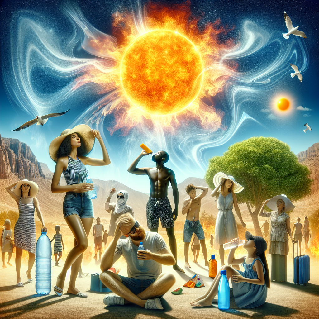 An extremely hot summer day, portrayed vividly with a blazing sun emitting a powerful heatwave in the clear blue sky. Foreground showcases a diverse group of people, including a Caucasian woman applying sunscreen, a Black man drinking water from a bottle, a Middle-Eastern child taking cover under a large tree, and an Asian woman wearing a wide-brimmed hat for shade. They are all equipped with summer essentials such as water bottles, sunscreen lotion, hats and light fabric dresses. Various visual elements, such as mirage effects and heat rise distortions, emphasize the intensity of the heat.