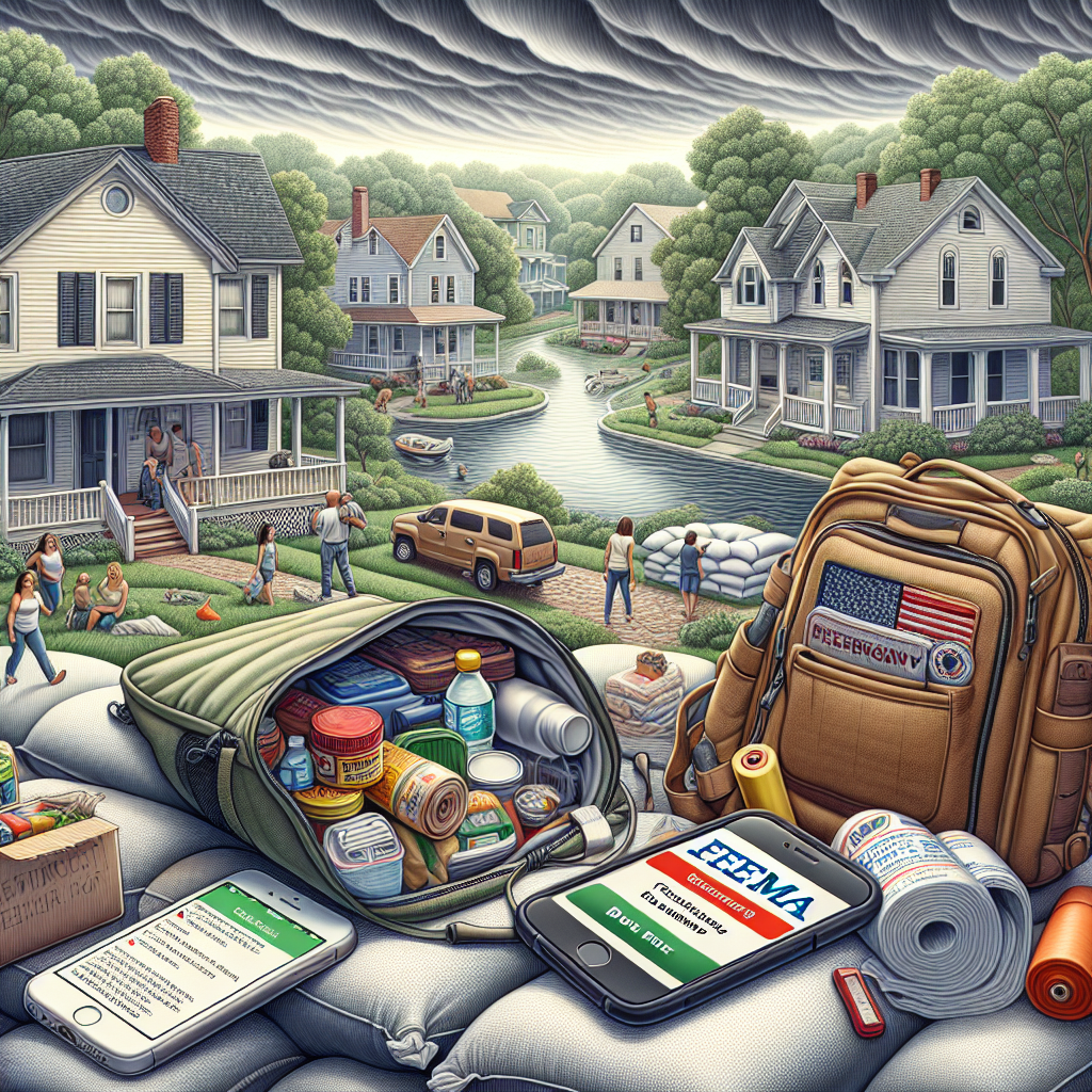 Create a detailed image that portrays a tranquil suburban neighborhood with a mix of different race families such as Caucasian, Hispanic, and Black, getting ready for stormy weather. Homes are being boarded up, sandbags stacked, and emergency kits are being prepared. The sky is grey and slightly ominous, suggesting a hurricane is imminent. In the foreground, a responsibly packed emergency backpack with food, water, flashlight and batteries is laid open. Phones are also opened to an emergency alert that displays 'FEMA: Ready for Hurricane Season'. Capture the sense of community and preparedness amidst the impending storm.