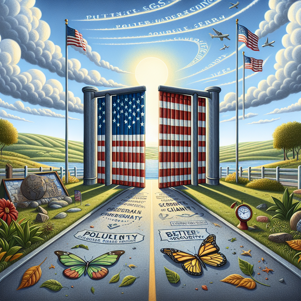 A detailed illustration of a large border gate painted with the American flag in the center. The gate is partially opened, revealing a paved path leading towards an idyllic landscape under a sunny sky. Various symbols of change are subtly integrated into the scene such as a butterfly signifying metamorphosis, a sundial showing the progression of time, and leaves turning colors to denote different seasons. The words 'Policy Changes' and 'Better Security' are artistically scripted in the sky as if written by a plane. Remember, no people or specific entities to be depicted in this visual.
