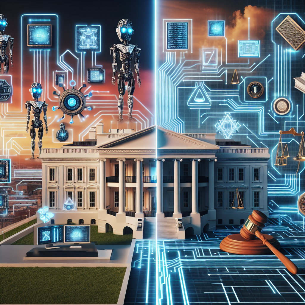 A conceptual image depicting the intersection of artificial intelligence and regulation. On one side, illustrate advanced technologies such as robots, circuit boards, and binary codes. On the other side, represent regulation with symbols like a gavel, a justice scale, and legal documents. In the middle, visualize the white house not as the actual building but excluding any references to real people, serving as a connector between these two concepts. The scene should be set in a futuristic environment, reflecting the cutting-edge nature of the topic.