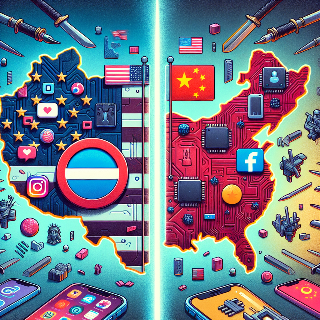 An illustrated scene depicting a digital map split in half - one side represents the United States, adorned with emblems of technology such as smartphones, social media icons, and silicon chips. The other side represents China with similar symbols. A large, prominent 'NO ENTRY' sign is placed on an icon representing the TikTok app, symbolizing its ban. This all floating above a background of two clashing swords, representing the conflict.