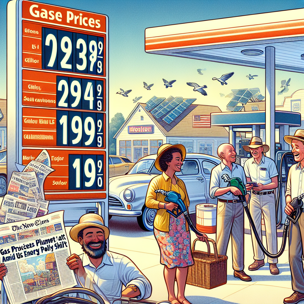 Illustrate a bustling scene at a typical American gas station on a sunny afternoon. The price boards significantly show reduced gas prices, a newspaper headline exclaiming 'Gas Prices Plummet Amid US Energy Policy Shift' is blowing past in the wind. A few customers, both men and women of varying descents including Caucasian, Hispanic and African American, are happily fueling their vehicles, while chatting and laughing amongst themselves. Further, integrate elements hinting at an energy shift, like solar panels on the gas station roof and high-tech machines.