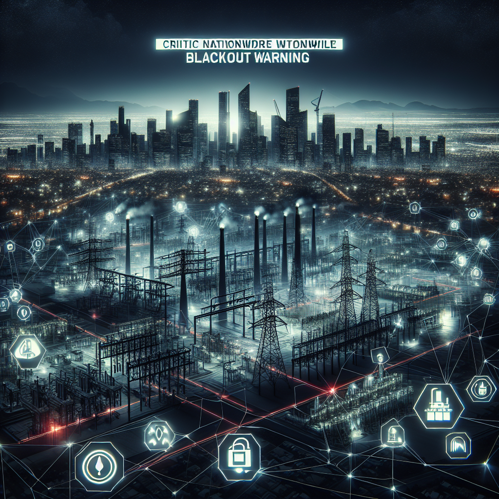 Imagine a dramatic nightscape where city skylines are in complete darkness due to a widespread power failure. Littered amongst the landscape are highly detailed icons representing critical infrastructure like power plants, electrical substations, and transmission lines, all shown inactive. Faint emergency lights in the distance suggest a sense of nationwide alert. Threads of red intervention paths are drawn, illustrating the resilience measures surrounding these facilities. The title 'Critical Nationwide Blackout Warning' is plastered in bold white lettering across the bottom third of the scene, underlining the severity of the situation.