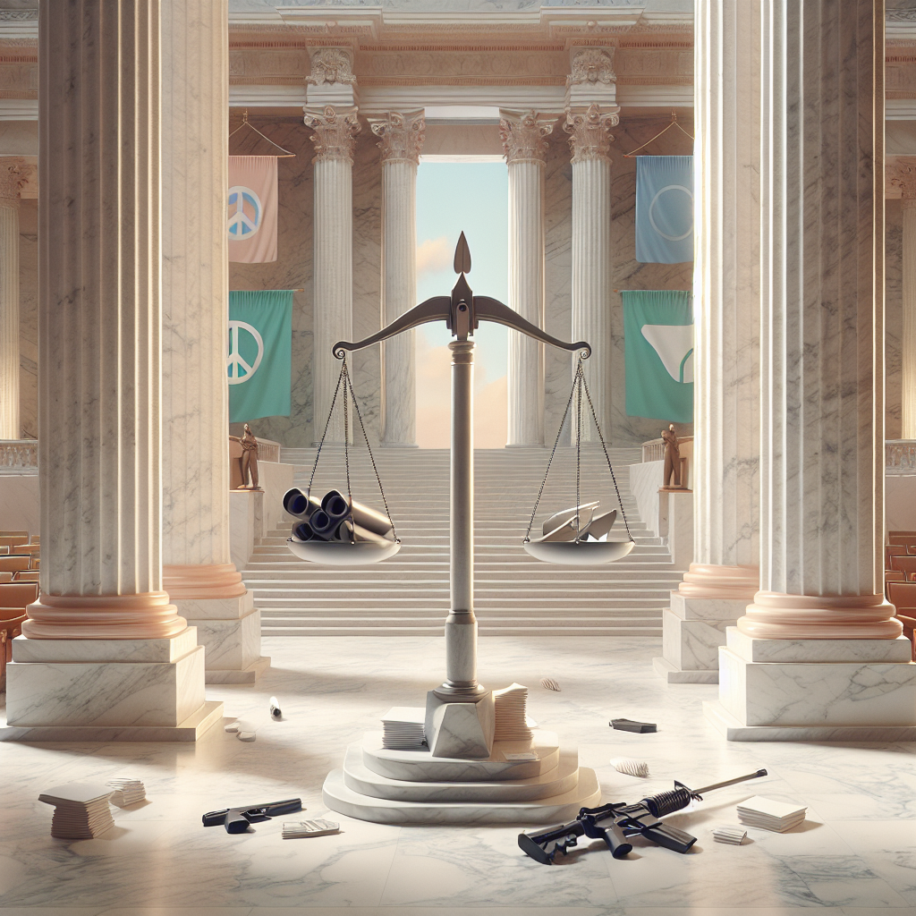An image portraying a grand, marble-themed hall with high pillars representing a legislative institution. No persons should be present. Center stage, there is a set of scales, representing balance and justice. The scales are holding two contrasting symbols: on one side, there's a pile of paper documents, signifying legislation; on the other, a broken firearm, representing gun control. Fluttering in the background are banners illustrating peace symbols. The color palette is gentle and calming, indicative of safety and harmony. The entire scene emphasizes progress and reform in gun control legislature.