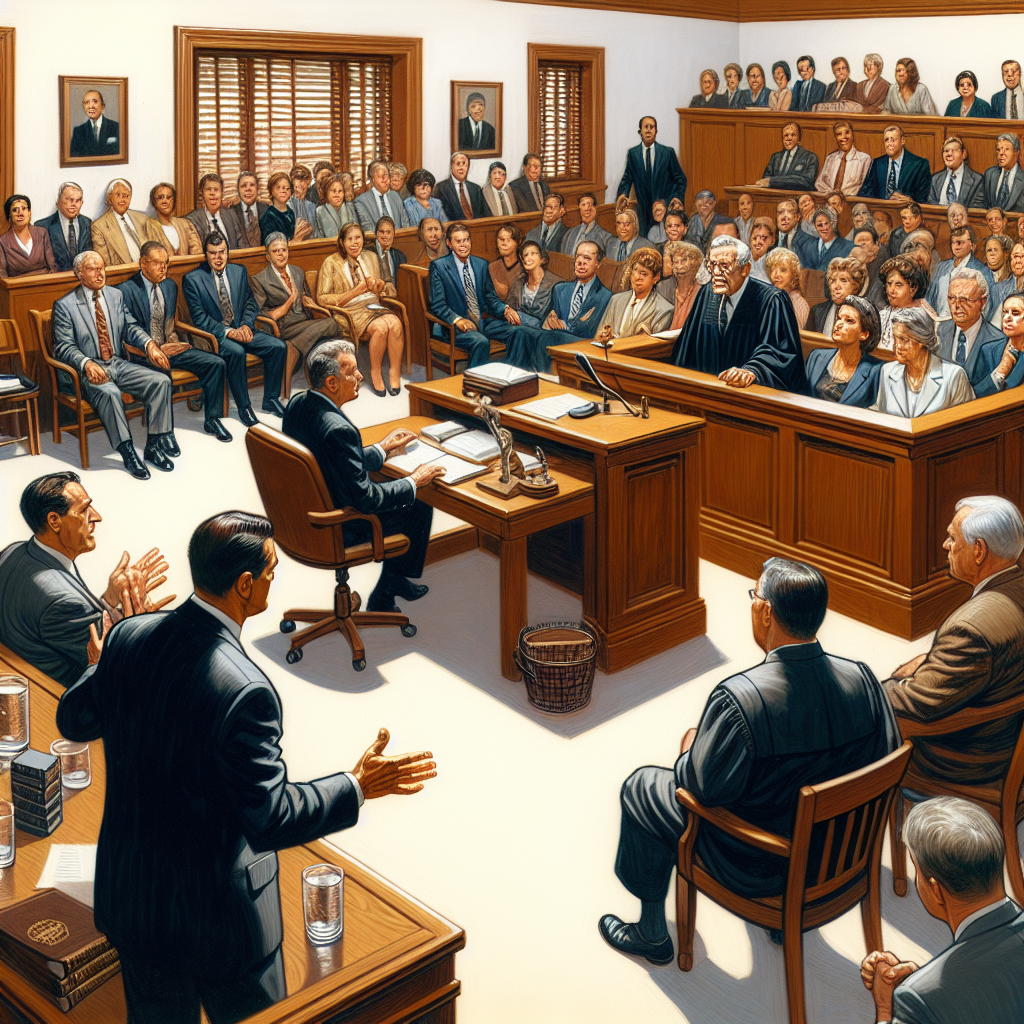 Illustrate a compelling courtroom scene from a historic high-profile criminal trial in the United States. The room should be filled with lawyers, jury members and a judge. Lawyers, one male of Hispanic descent and another female of African descent, are passionately delivering their closing arguments while the jurors, diverse in both gender and ethnicity, are paying close attention. The defendant, a middle-aged Caucasian man, anxiously awaits his fate. A large wooden judge's bench and other features of a typical American courtroom like witness stand, jury box, and spectator seating should be visible.