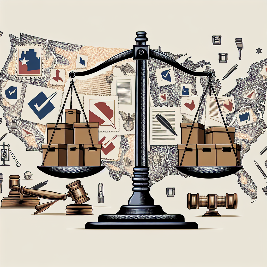 Visualize a metaphorical image for an article about updated voting laws after an election. Picture a scale of justice made of ballot boxes, representing the balance of law, one side slightly weighed down. On the backdrop, a stylized map of a generic country divided into different regions denoting the diversity of laws. Scatter across the picture symbols like inked stamps, scrolls, and pens illustrating the process of reviewing, amending and legalizing laws. Ensure the overall image is neutral, focusing on the process rather than politics.