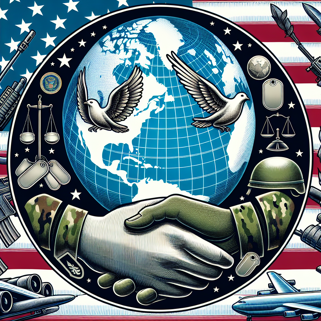 Illustration of a peaceful globe, marked by international boundary lines. Around it, symbolic images representing the U.S military - a pair of dog tags, a military cargo plane and a camouflaged helmet, implying their support roles. Above these, detailed images symbolize 'enhanced stability' - scales balancing, hands in a handshake of agreement and a dove flying with an olive branch in its beak. These elements are in the backdrop of American stars and stripes.