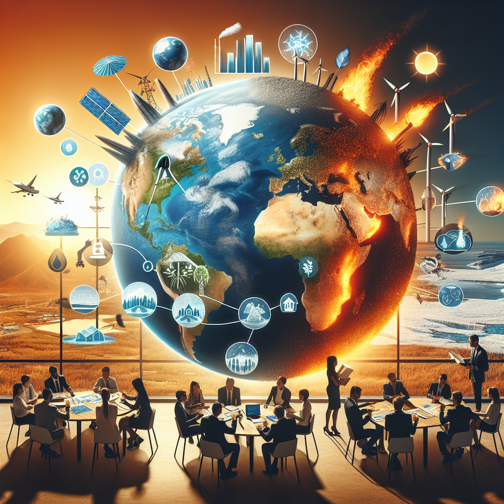 Create a conceptual image denoting clean energy investments and climate change legislation. Picture a large globe exhibiting various geographical features bathed in warm sunlight. Around it, symbolic icons of renewable energy resources like solar panels, wind turbines, and hydroelectric dams are seen. On the other half of the globe, events representing climate change like melting icebergs, forest fires, and descending sea levels should be depicted. A group of multi-ethnic, both male and female professionals, are gathered around a large table, examining charts and diagrams representing investment strategies. Their determined faces show the urgency of addressing these challenges.