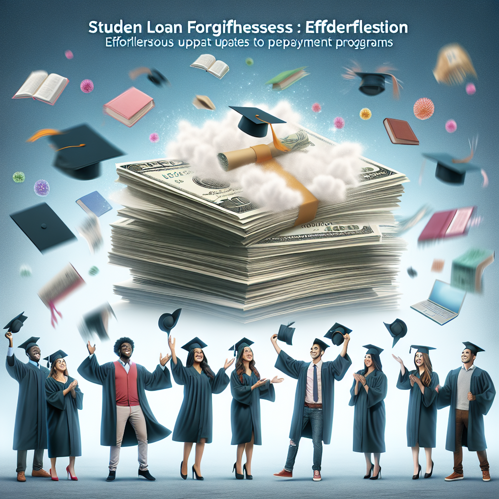 An image depicting a diverse group of college graduates throwing their caps in the air joyfully. In the background, a massive student loan bill transforming into a bed of soft, light feathers, symbolizing the ease and lightness of new student loan repayment programs. The graduates include a Hispanic female graduate in physics, a South Asian female graduate in business studies, a Caucasian male graduate in computer science, a Middle Eastern male graduate in arts, and a Black male graduate in environmental science. Also include some text hovering above them saying 'Student Loan Forgiveness: Effortless Updates to Repayment Programs'.